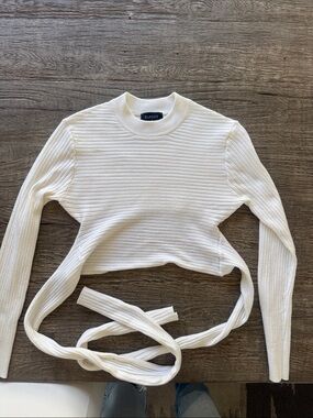 Bardot Cream Ribbed Tie-Waist Long Sleeve Top